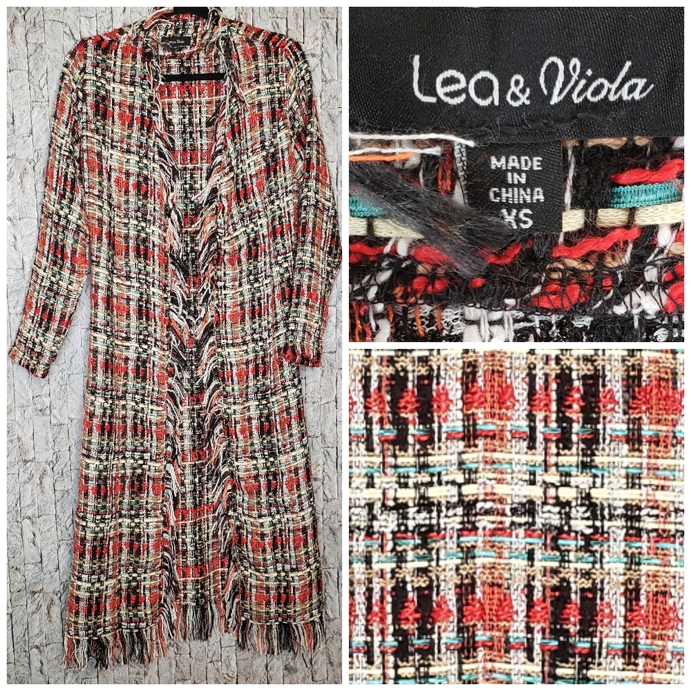 Lea & Viola Red Fringe Tweed Long Duster size XS